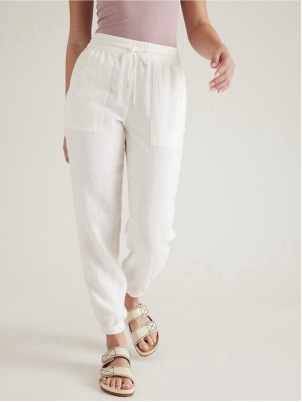 Athleta Retreat White 100% Linen Drawstring Joggers
